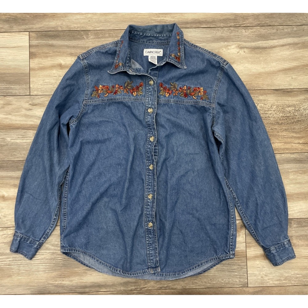 Cabin Creek Women's Blue Jean Denim Shirt FALL Floral Embroidered Button Down M